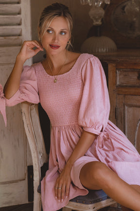 Jolie Puff Sleeve Linen Mini Dress  - Rose