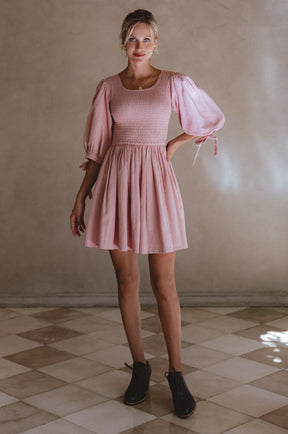 Jolie Puff Sleeve Linen Mini Dress  - Rose