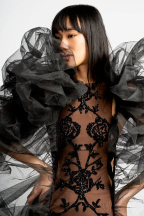 Black Rose Embroidered Tulle Statement Gown