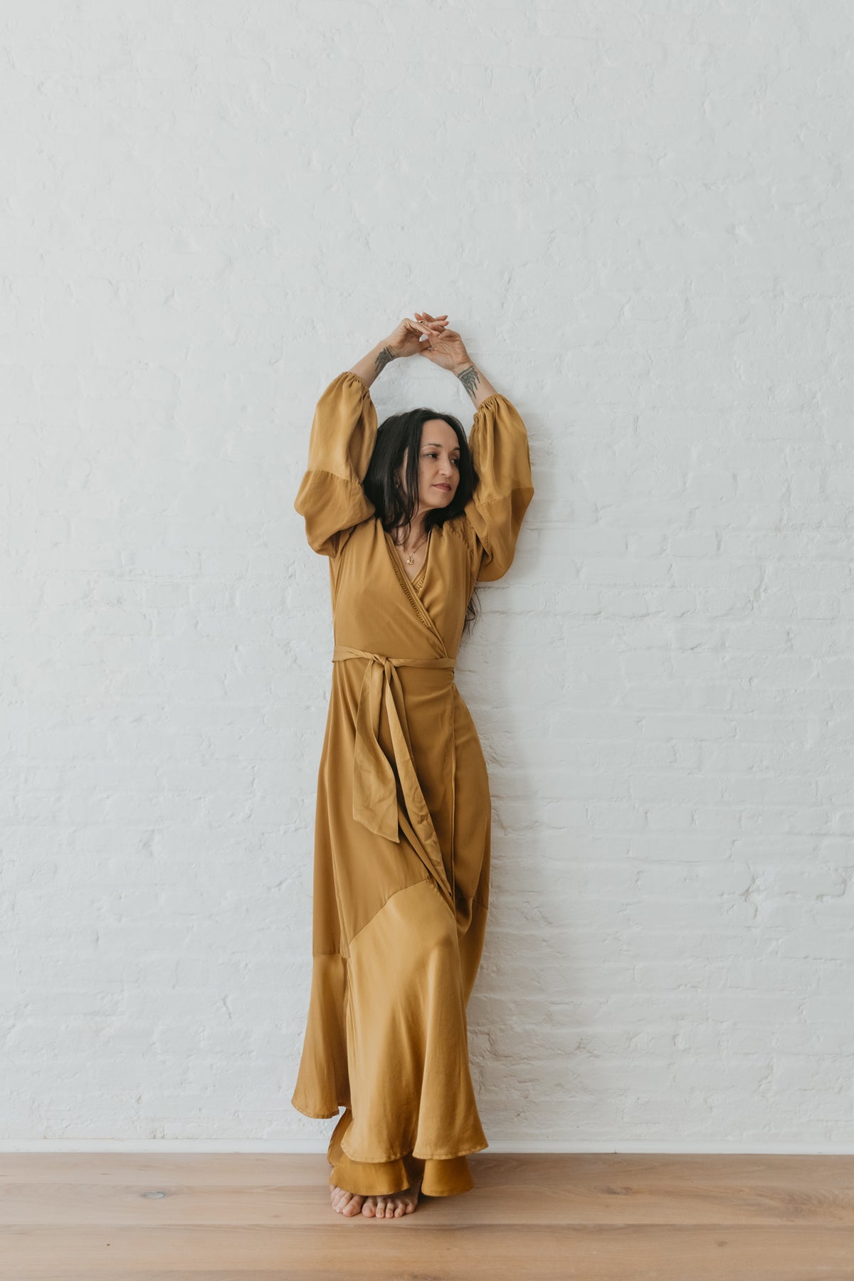 ASTRA – Silk Kaftan Wrap Dress – Brass