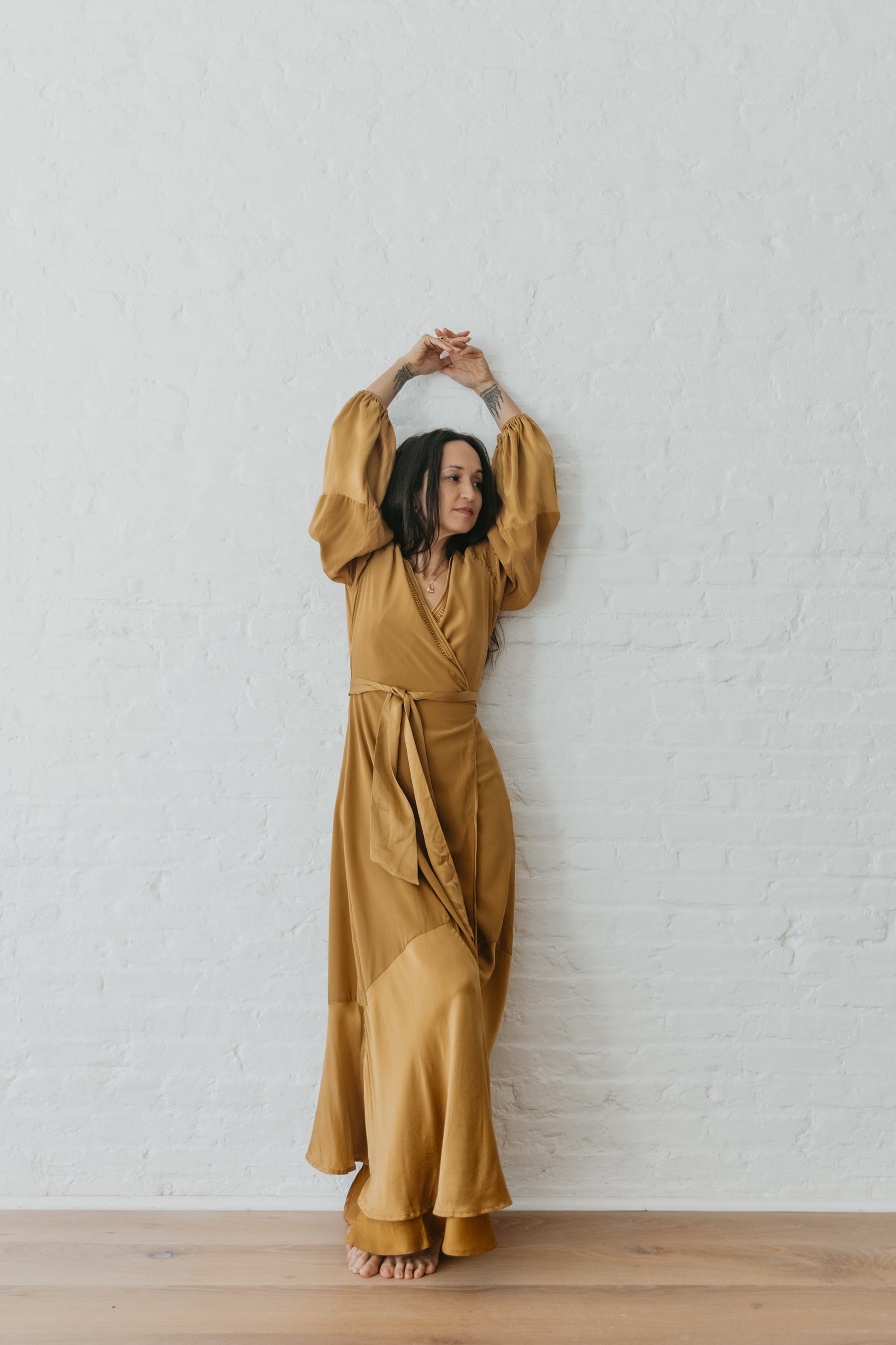 ASTRA – Silk Kaftan Wrap Dress – Brass