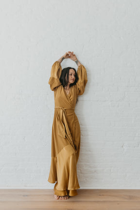 ASTRA – Silk Kaftan Wrap Dress – Brass