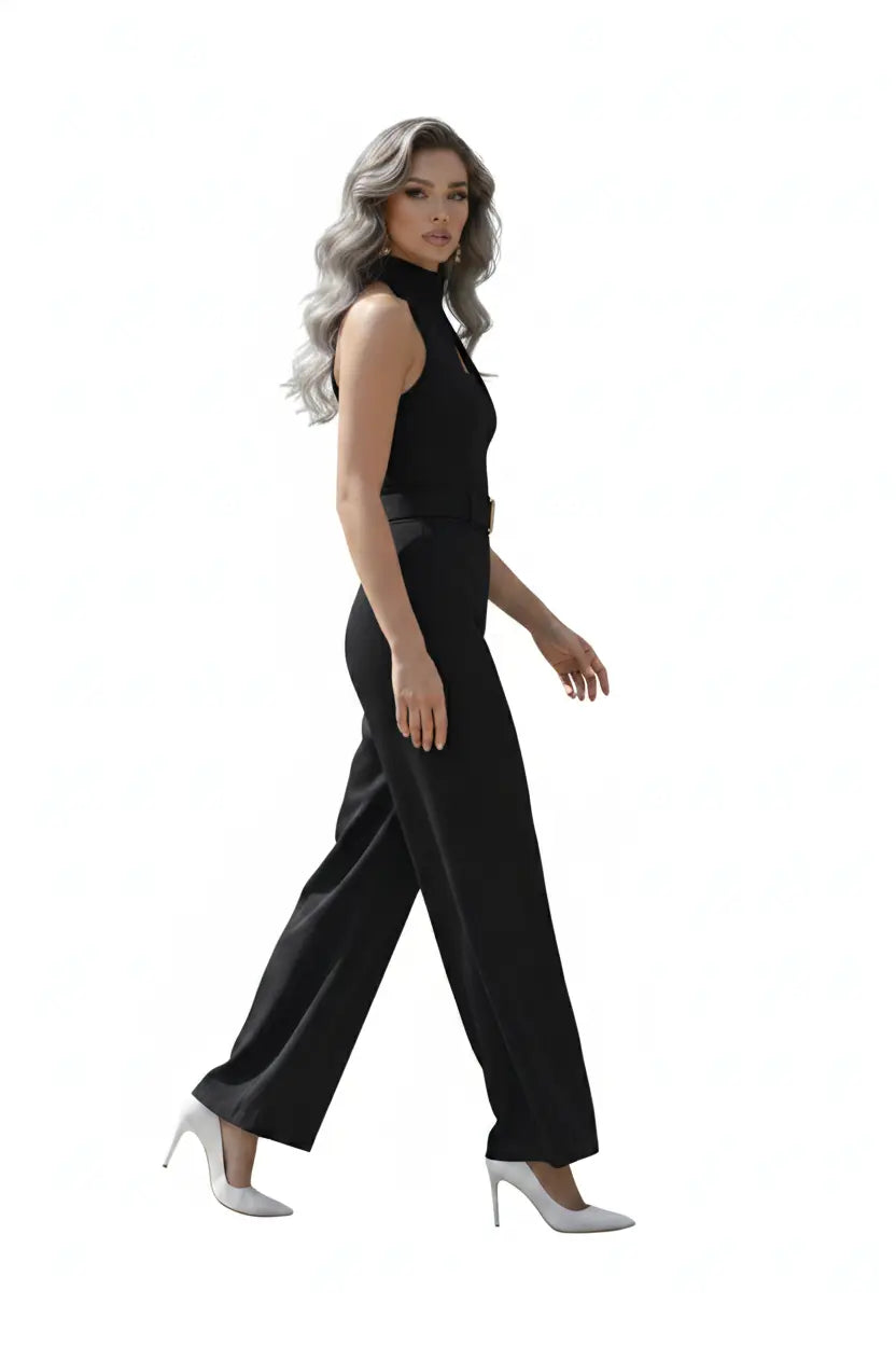 Black High-collar Jumpsuit – Gold Buckle