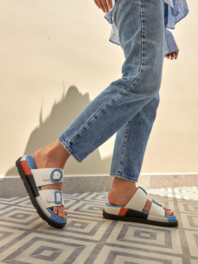 Allegra Offwhite Contrast Buckle Sandals