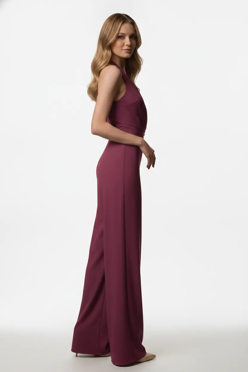 Wine Halter Jumpsuit – Gold Brooch