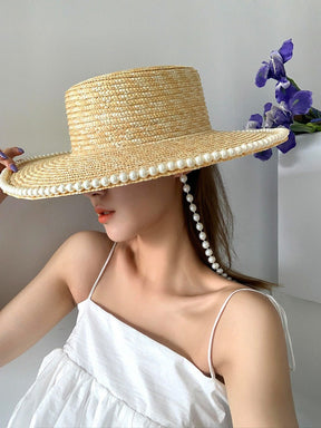Flat top straw straw hat beach vacation sunshade pearl chain design straw hat for women
