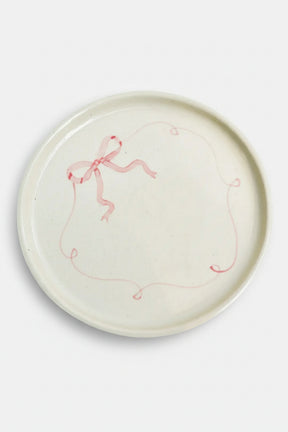 Ceramic Side Dessert Cake Plate - Pink Bow ( Set Of 2 ) , 7 Inches