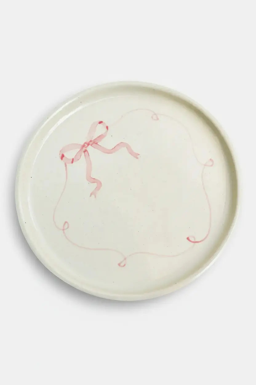 Ceramic Side Dessert Cake Plate - Pink Bow ( Set Of 2 ) , 7 Inches