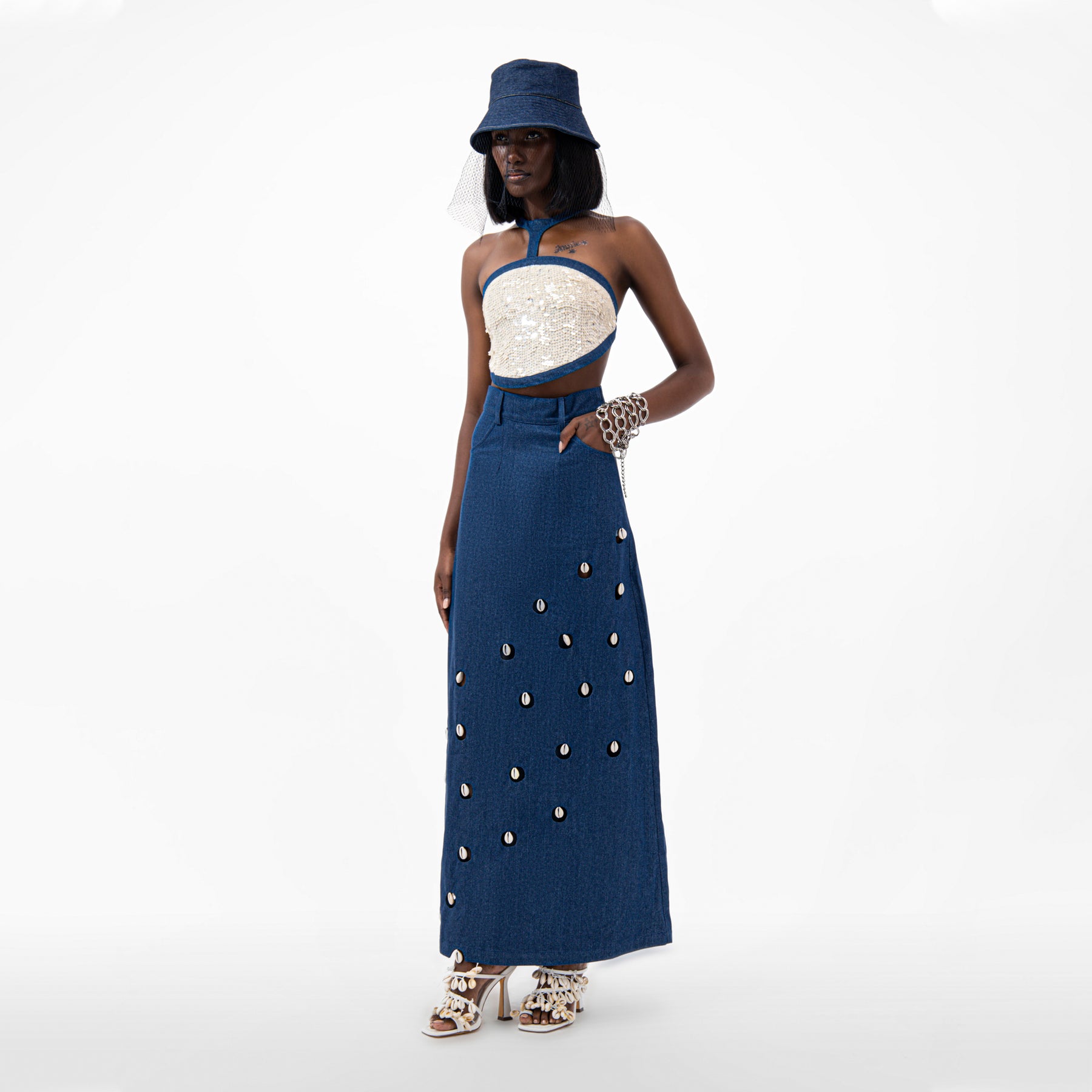 Cowrie Shell Embellished Denim Maxi Skirt