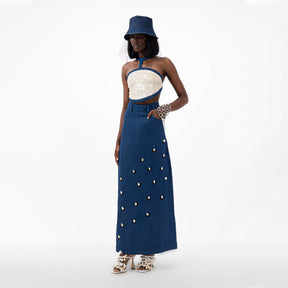 Cowrie Shell Embellished Denim Maxi Skirt
