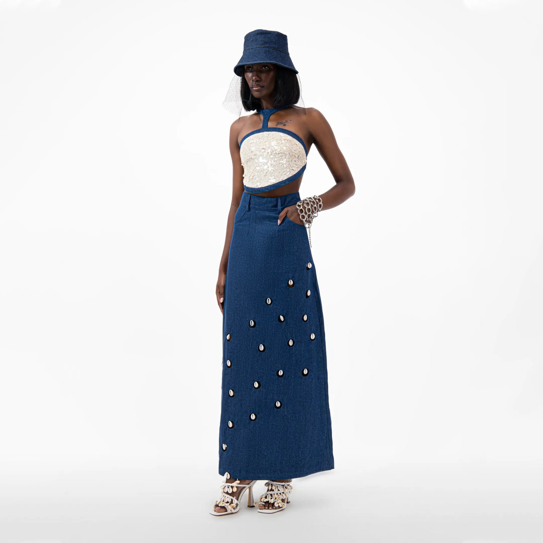 Cowrie Shell Embellished Denim Maxi Skirt