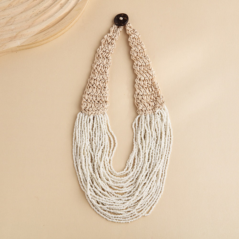 Fashionable retro ethnic style exaggerated style hand woven 30 layer wax rope rice bead necklace for women