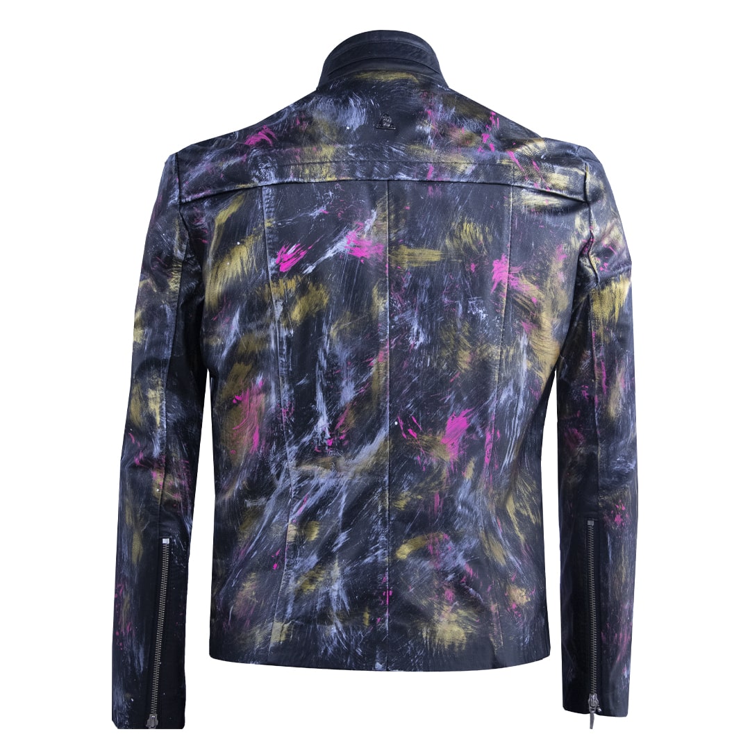 Black leather jacket with paint splatter details
