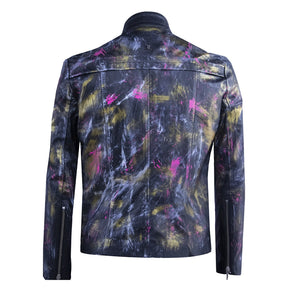 Black leather jacket with paint splatter details
