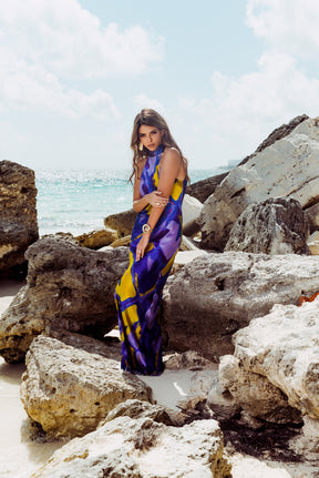 Purple Gold Abstract I High Neck Bias Cut Dress