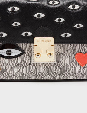 Amantis Black And Cream Leather Crossbody Mini Handbag - All Over Eyes Embroidery
