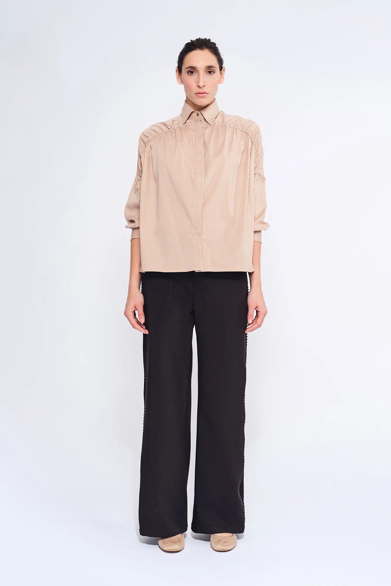 Star Gathered Shoulder Blouse | Striped Camel