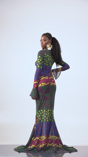 ANU GREEN LONG SLEEVE MAXI MESH DRESS