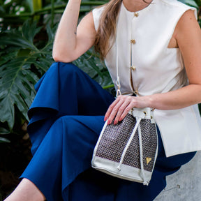 Beige Leather Bucket Terra Bag – Handmade Crossbody & Handbag, Ethical Palm Weave Bucket bag for Women