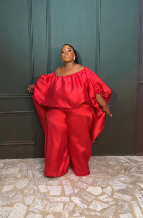 2-piece Kese red cape high low and wide leg pant set