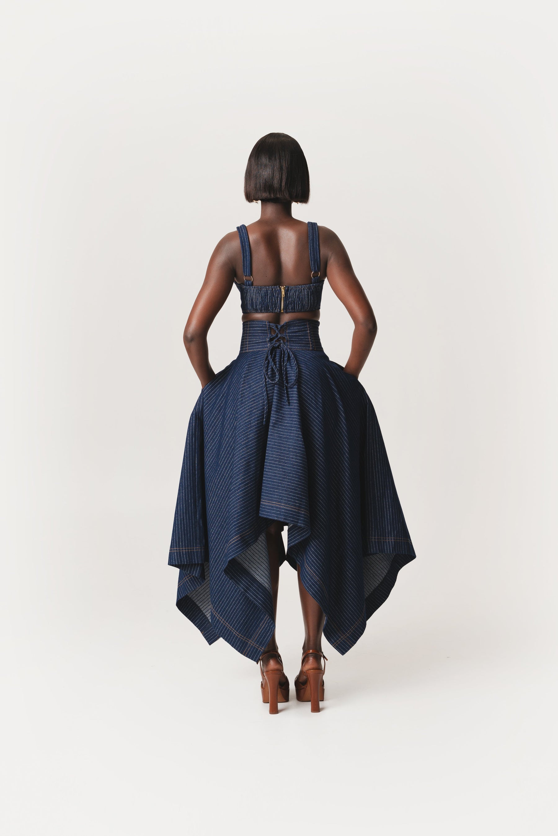 Denim Pinstripe ABI Corset Handkerchief Skirt