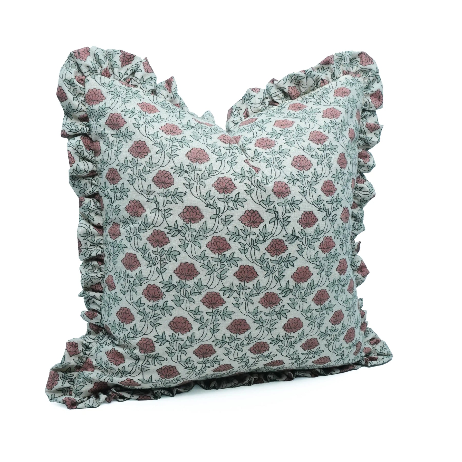 Handmade Red Floral Block Print Linen Blend Pillow Cover - Khubsoorat
