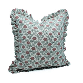 Handmade Red Floral Block Print Linen Blend Pillow Cover - Khubsoorat