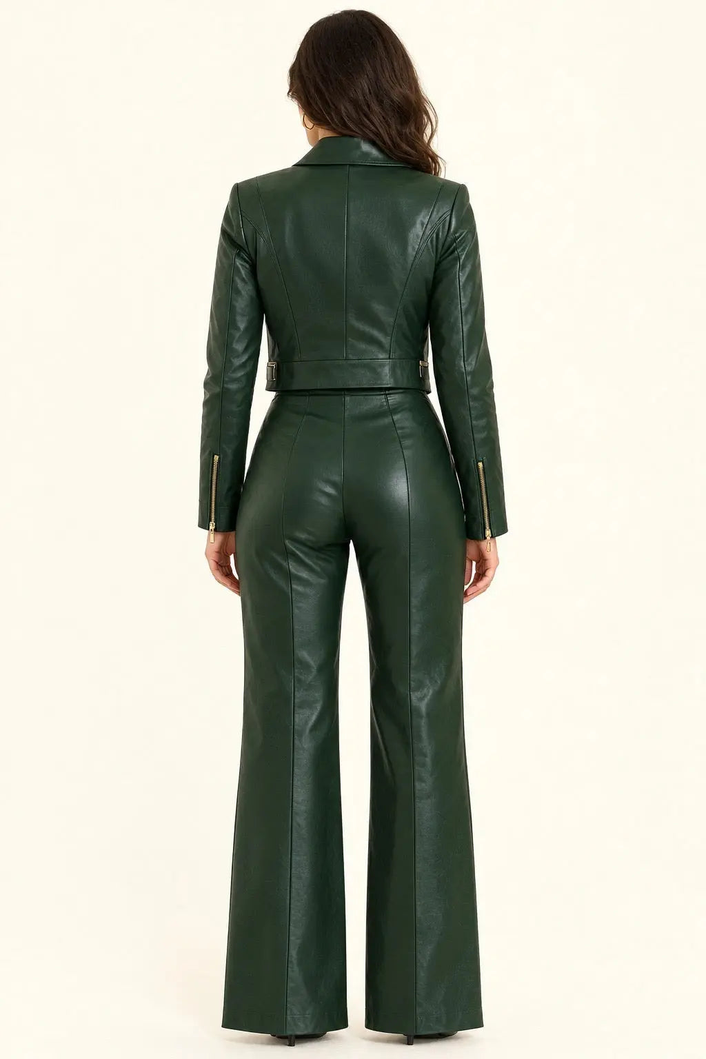 Dark Green Leather Biker Jacket with Wide-Leg Trousers
