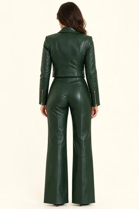 Dark Green Leather Biker Jacket with Wide-Leg Trousers