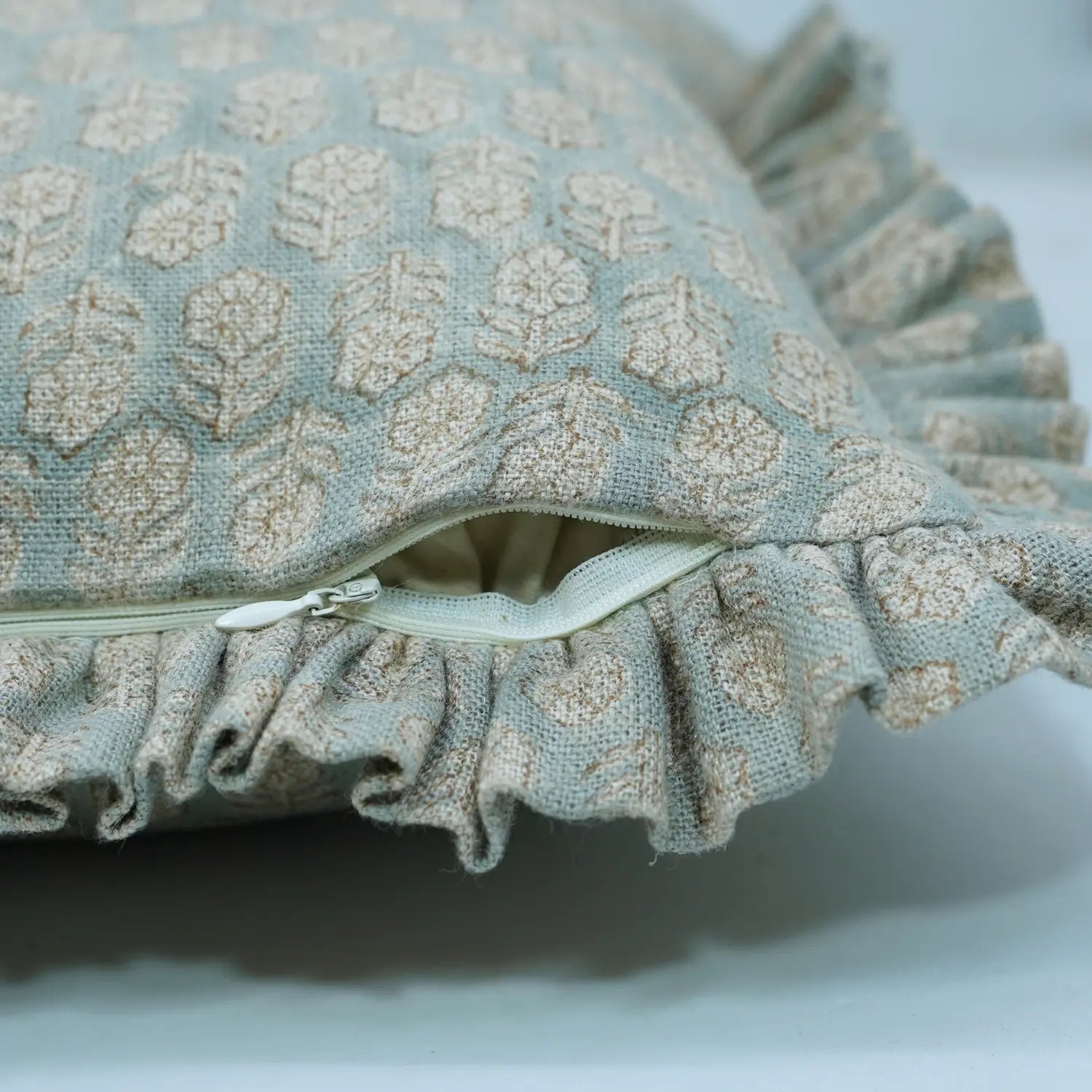 Decorative Block Print Thick Linen Frill Pillow Cover Cushion - Tulsi Buti