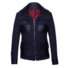 Wool jacket with a double collar and leather detailing.