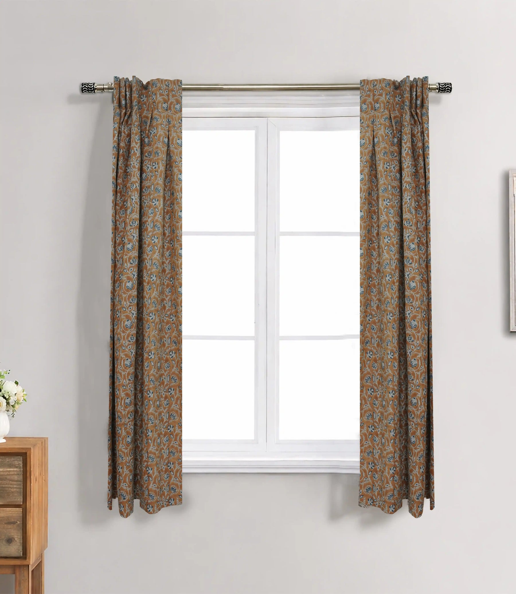 Handcrafted Boho Block Print Two Pleated Pure Linen Curtain - Saraswati
