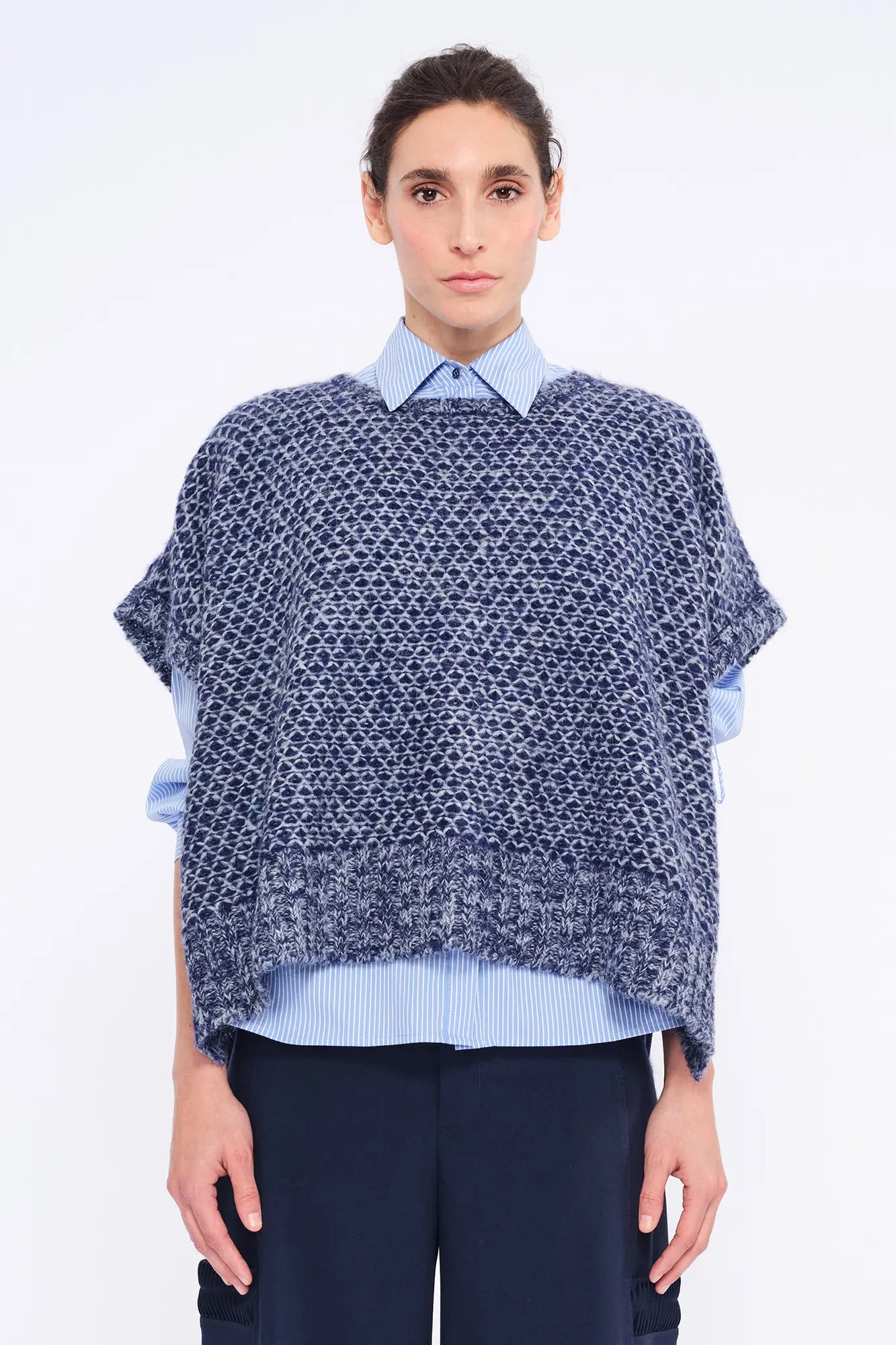 Chelsea Openwork Alpaca Poncho | Navy Melange