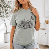 Vintage American Flag Tractor Graphic T-Shirt | Patriotic Sage Green Farm Cotton Tee