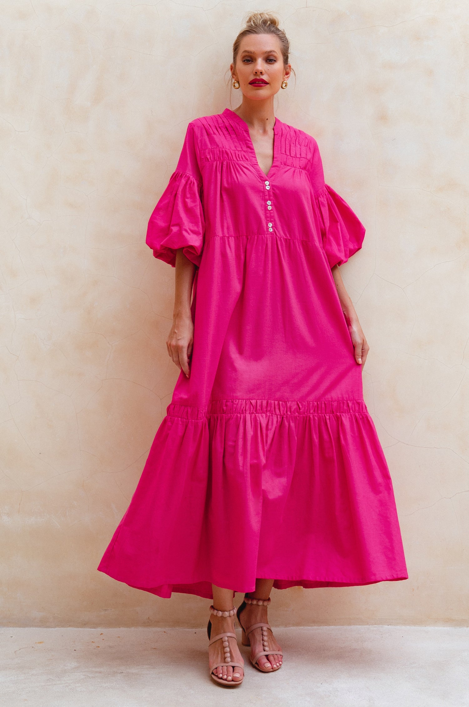 Oleana Puff Sleeve Maxi Dress - Magenta