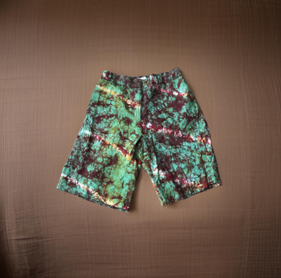 Dark Red and Green Tie Die Long  Shorts