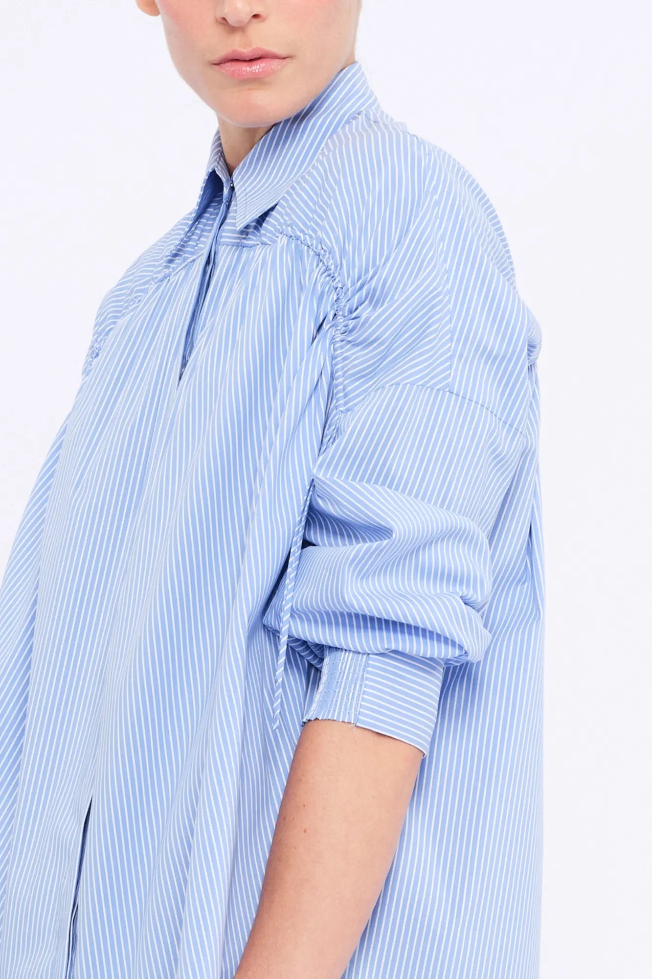 Star Gathered Shoulder Blouse | Striped Light Blue