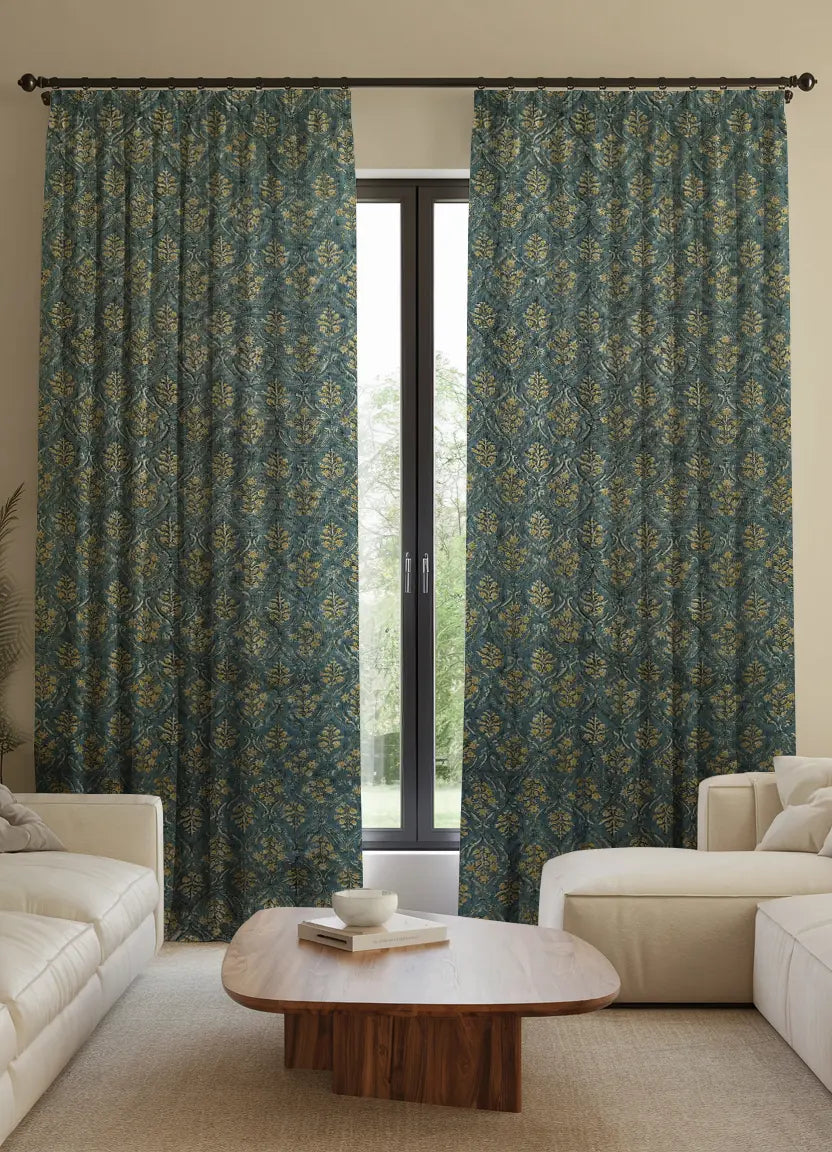 Floral Stylish Hand Block Printed Thick Linen Pleated Curtain-vishal Pusph