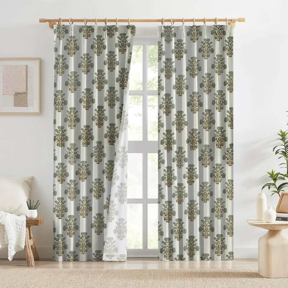 Hand Block Printed Pure Linen Pleated Curtain - Swadesh