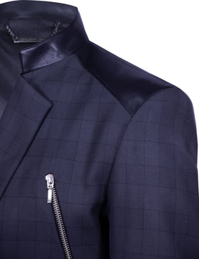 Gray checkered blazer with synthetic trim and zippers
