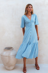 Donna Button Down Midi Dress - Soft Blue