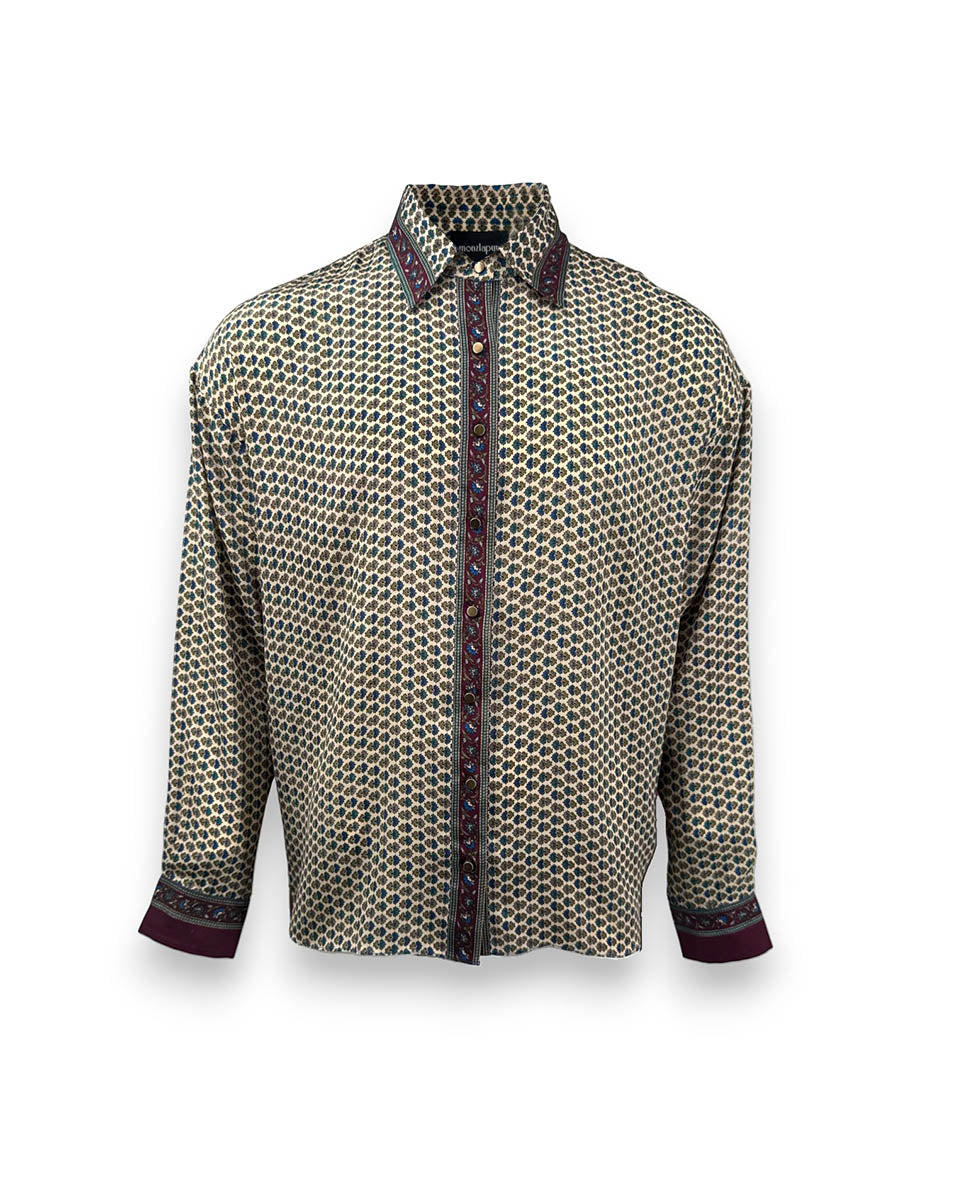 Embossed Botanic Long Sleeve Crepe Shirt - Forest Plum