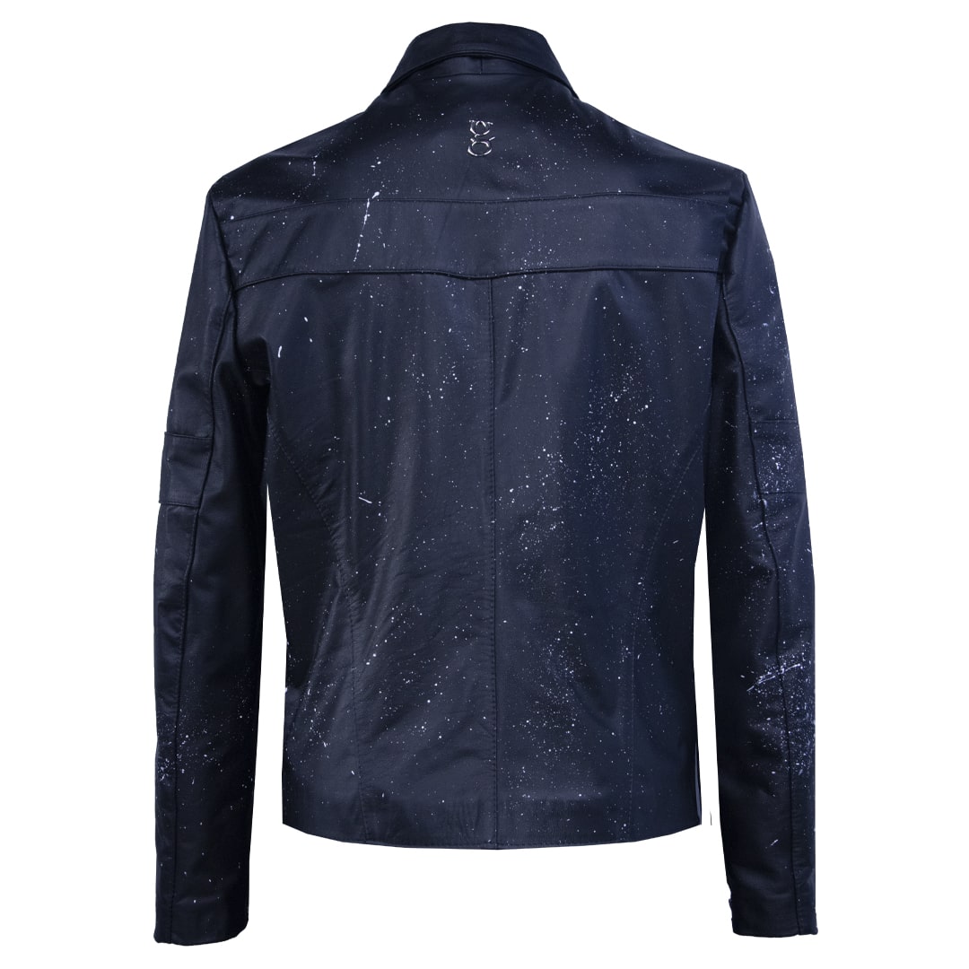 Black leather jacket with paint splatter and graphic details