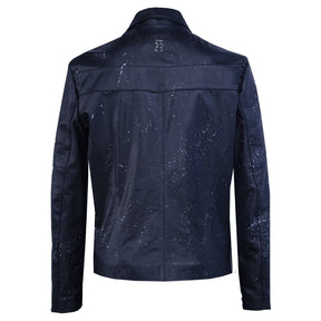 Black leather jacket with paint splatter and graphic details
