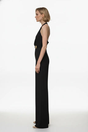 Black Halter Jumpsuit – Gold Brooch