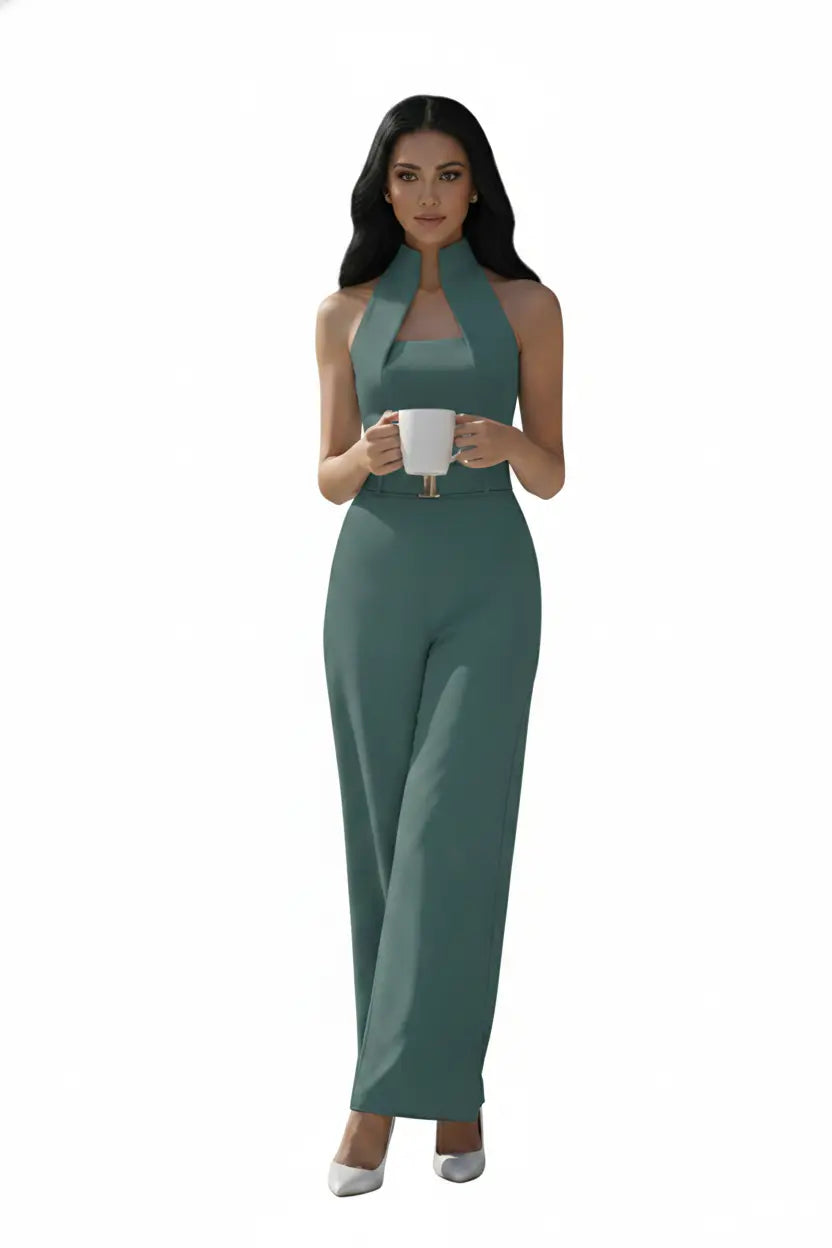 Sea-green High-collar Jumpsuit – Gold Buckle