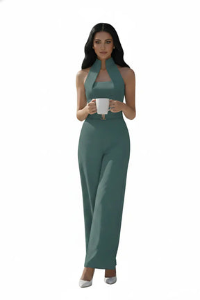 Sea-green High-collar Jumpsuit – Gold Buckle