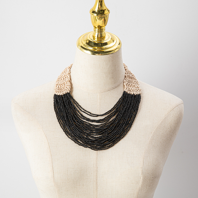 Fashionable retro ethnic style exaggerated style hand woven 30 layer wax rope rice bead necklace for women