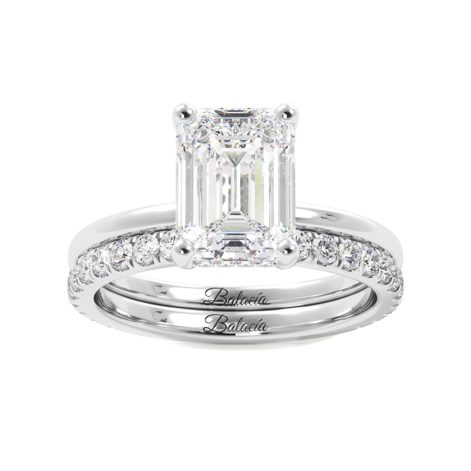 Emerald Cut Solitaire with Hidden Halo Engagement Ring Set