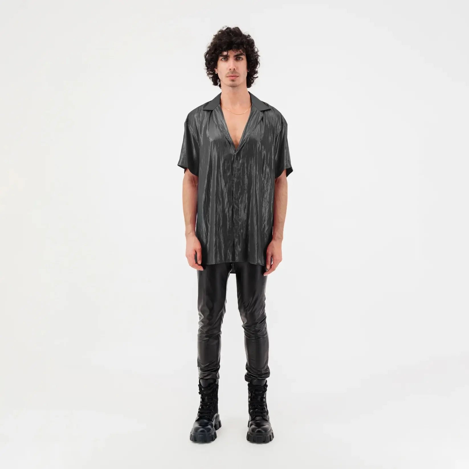 Satin Button Up Short Sleeve Shirt